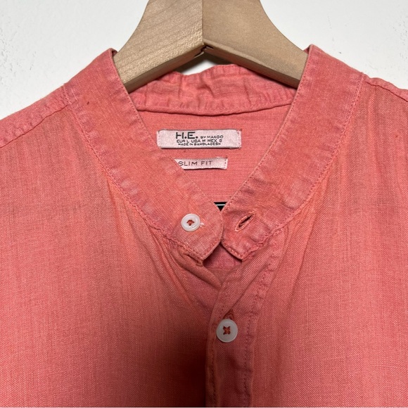 Mango MNG Men HE 100% Linen Button. Fron Shirt Red Large Resort Vacation - Picture 2 of 9